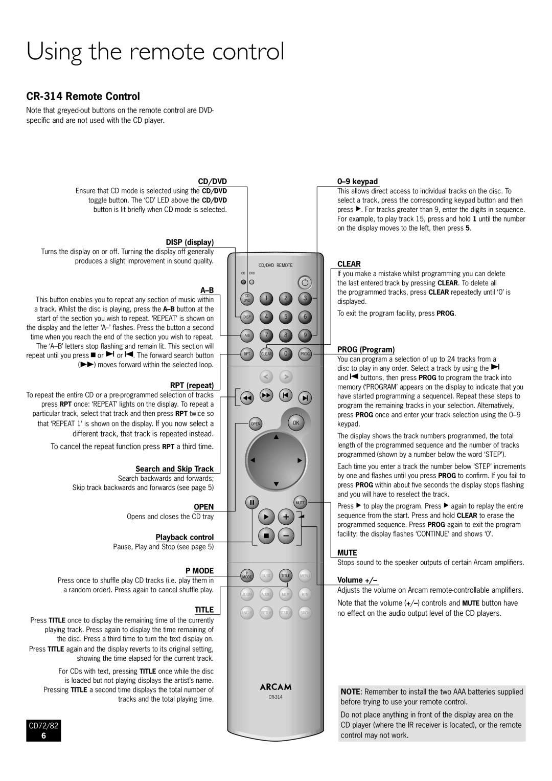 Arcam CD72, CD82 manual Using the remote control, CR-314 Remote Control 