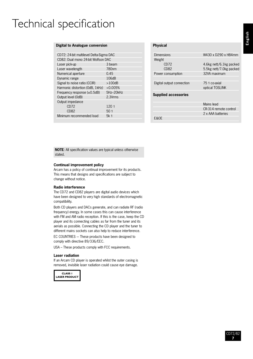 Arcam CD82, CD72 manual Technical specification 