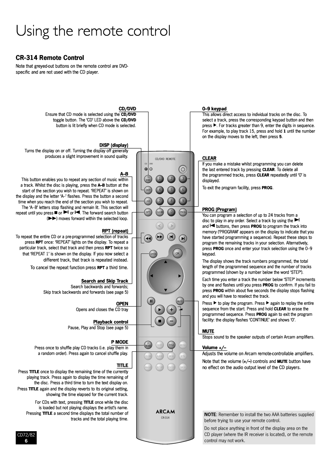 Arcam CD82 manual Using the remote control, CR-314Remote Control, CD72/82 
