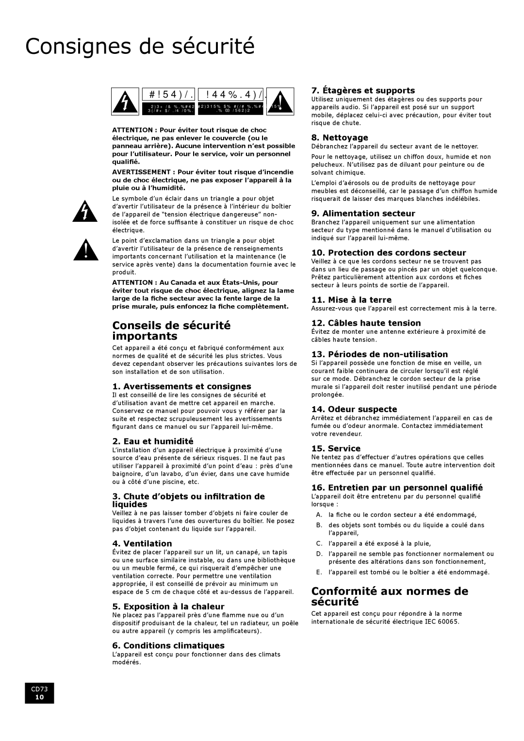 Arcam CD73 manual Consignes de sécurité, Conseils de sécurité importants, Conformité aux normes de sécurité 