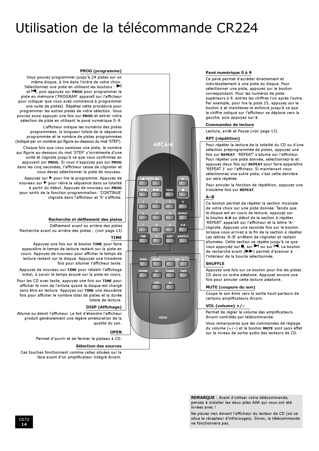 Arcam CD73 manual Utilisation de la télécommande CR224 
