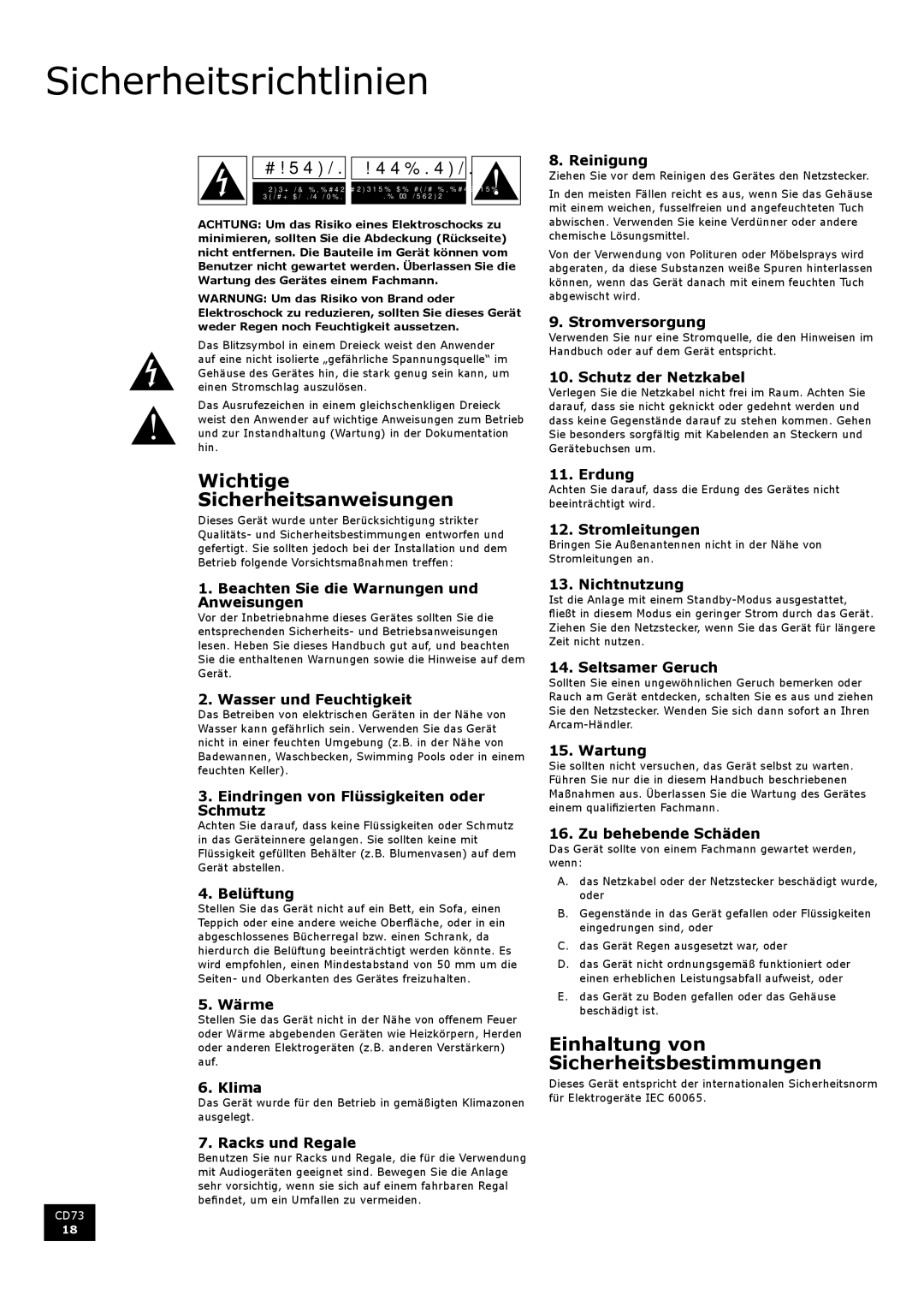 Arcam CD73 manual Sicherheitsrichtlinien, Wichtige Sicherheitsanweisungen, Einhaltung von Sicherheitsbestimmungen 