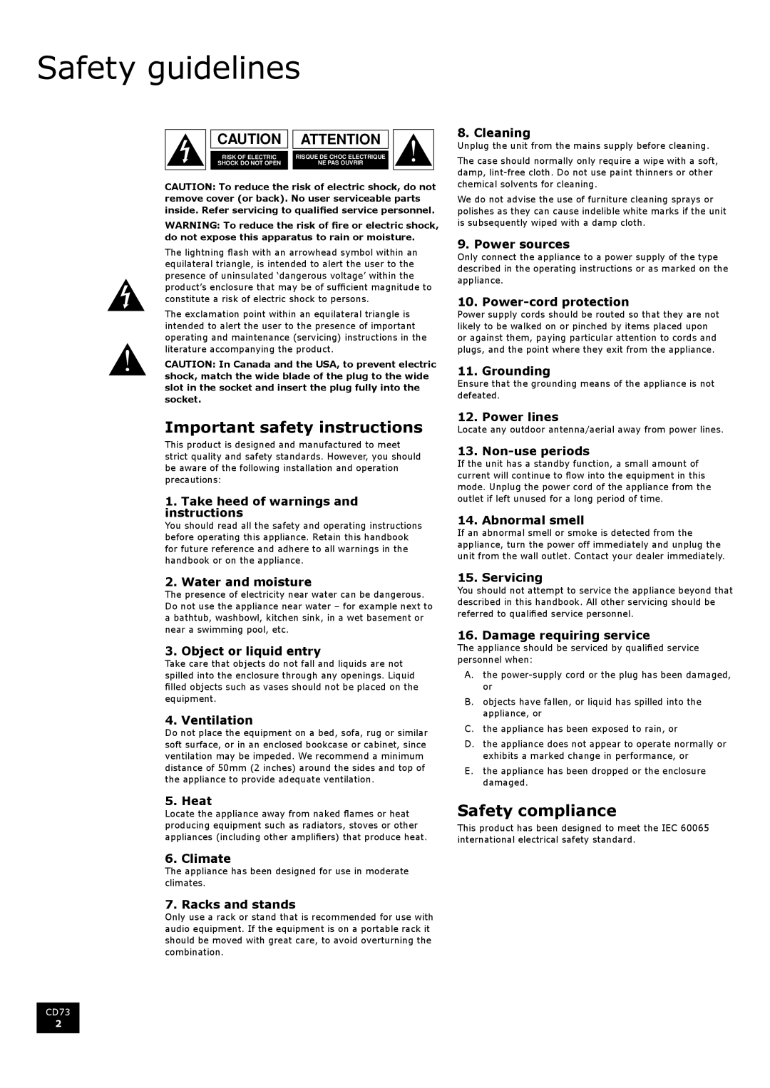 Arcam CD73 manual Safety guidelines, Important safety instructions, Safety compliance 