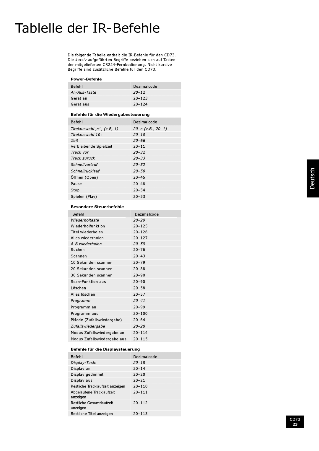 Arcam CD73 manual Tablelle der IR-Befehle, Power-Befehle, Befehle für die Wiedergabesteuerung, Besondere Steuerbefehle 