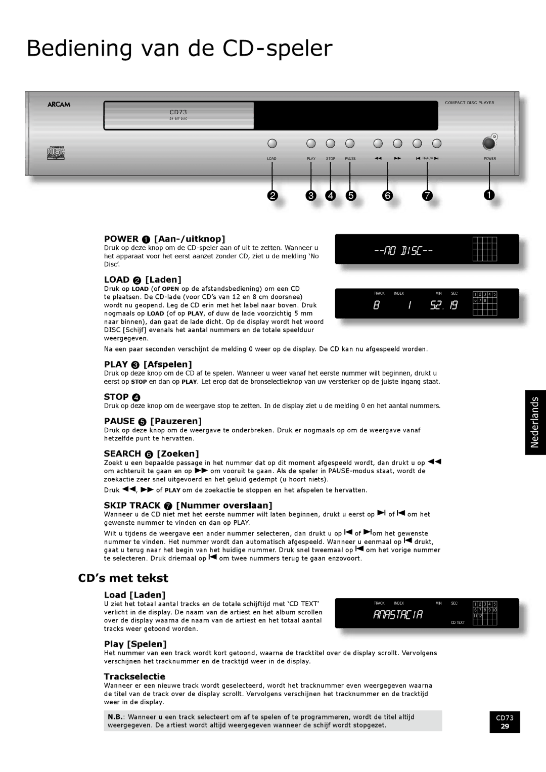 Arcam CD73 manual Bediening van de CD-speler, CD’s met tekst 
