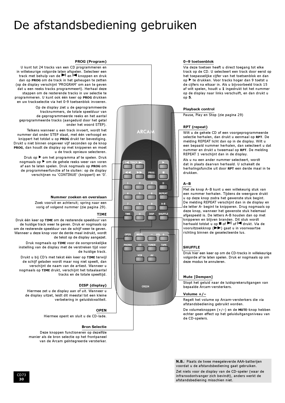 Arcam CD73 manual De afstandsbediening gebruiken 