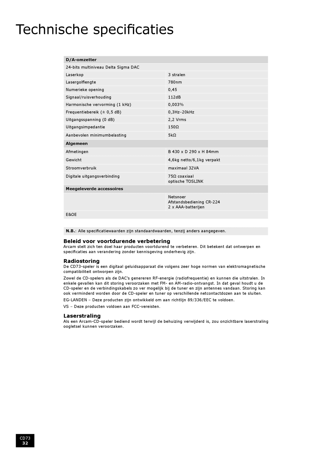 Arcam CD73 manual Technische specificaties, Beleid voor voortdurende verbetering, Radiostoring, Laserstraling 