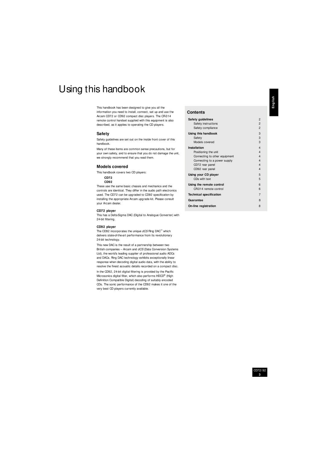 Arcam CD72, CD92 manual Using this handbook, Safety, Models covered, Contents 