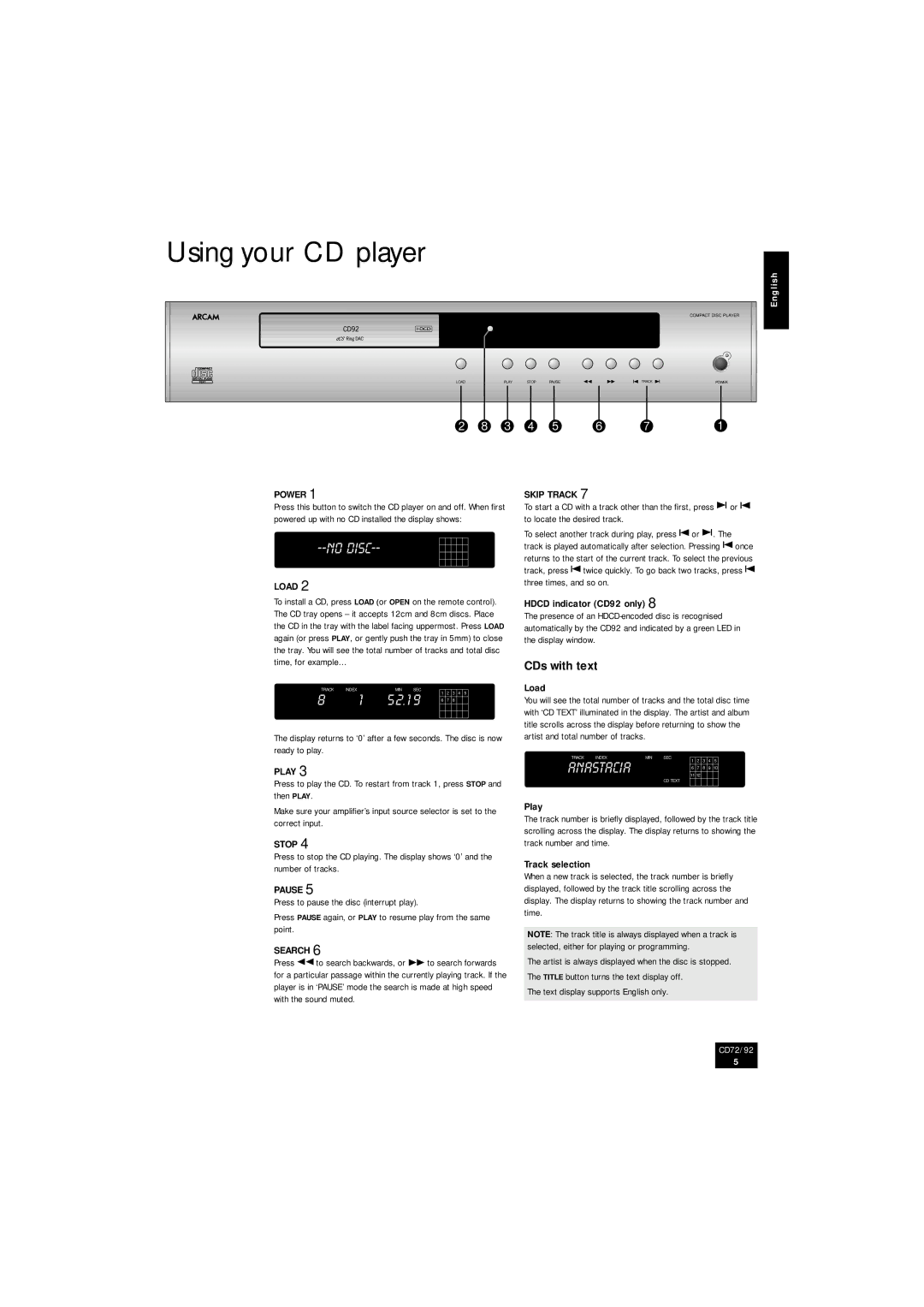 Arcam CD72, CD92 manual Using your CD player, CDs with text 