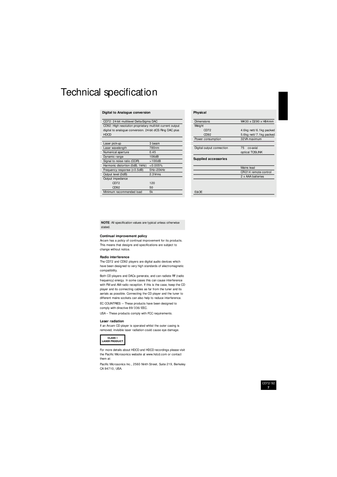 Arcam CD72, CD92 manual Technical speciﬁcation 