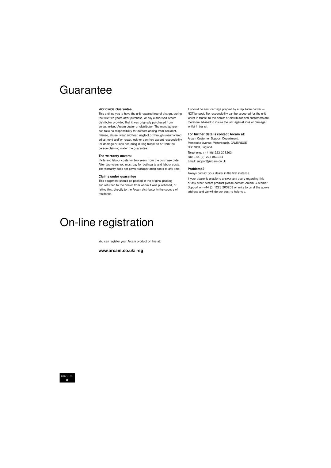 Arcam CD92, CD72 manual Guarantee, On-line registration 