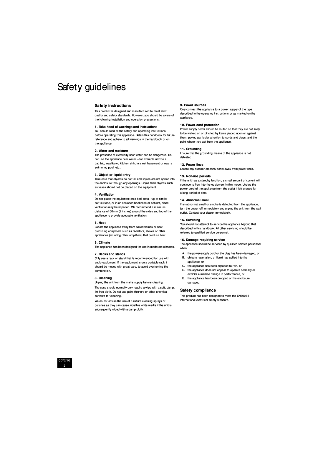 Arcam CD92 manual Safety guidelines, Safety instructions, Safety compliance, CD72/92 CD72/92 