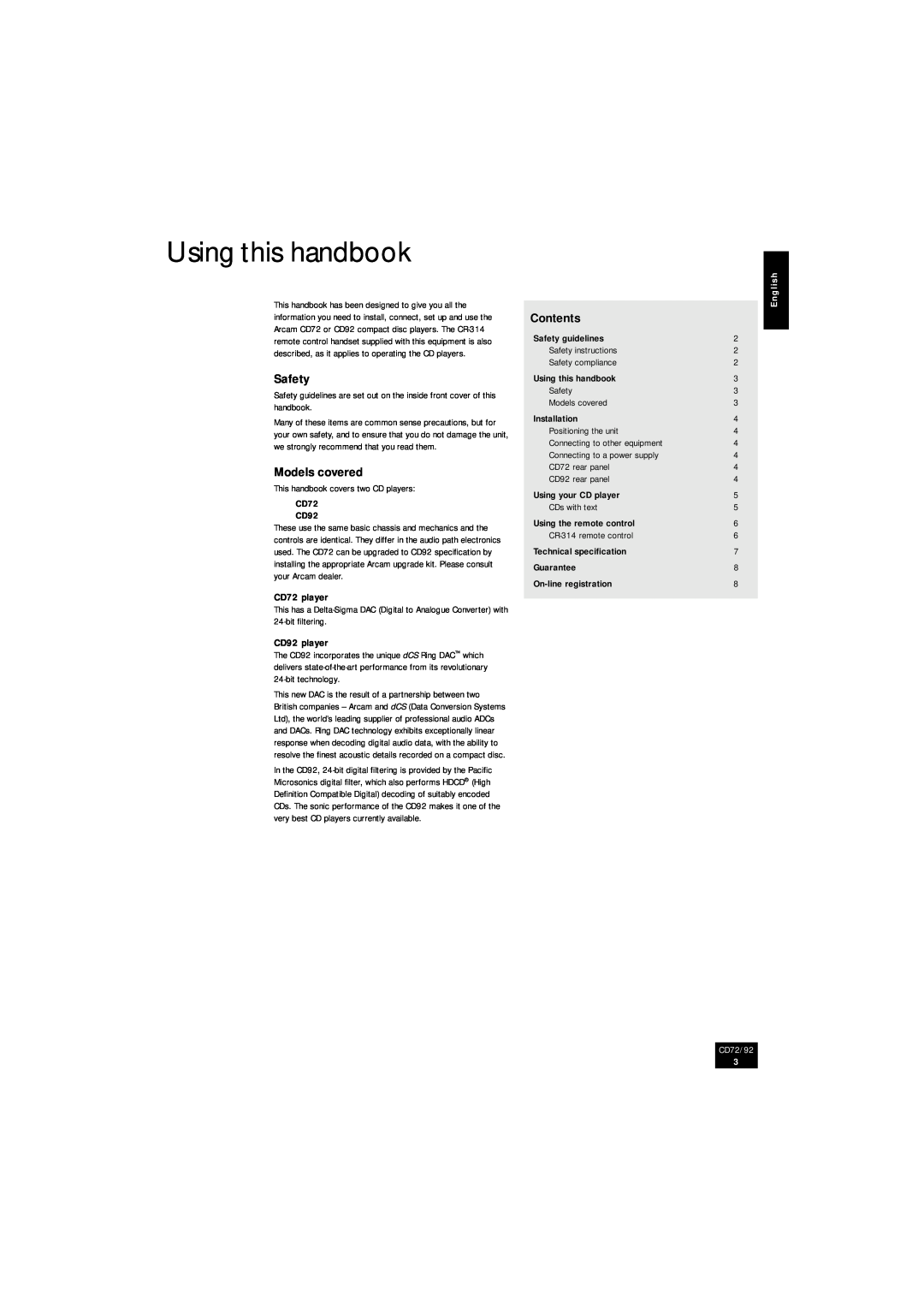 Arcam CD92 manual Using this handbook, Safety, Models covered, Contents, CD72/92, English 
