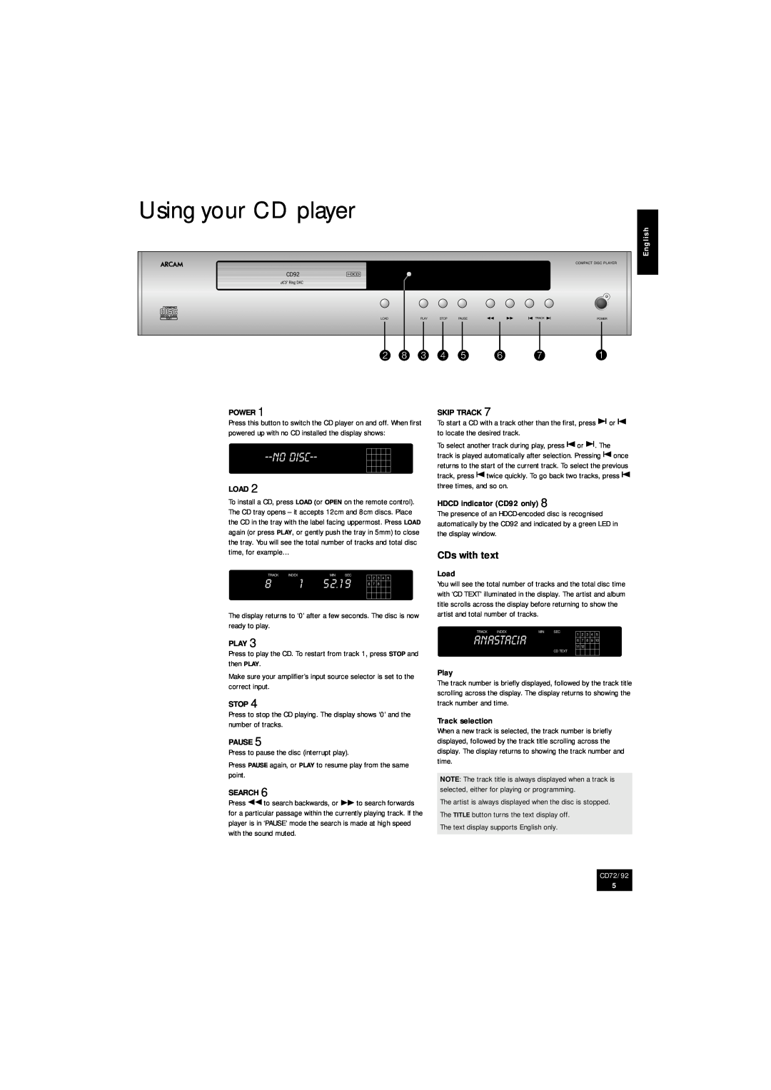 Arcam CD92 manual Using your CD player, CDs with text, No Disc, 52.19, Anastacia, CD72/92 