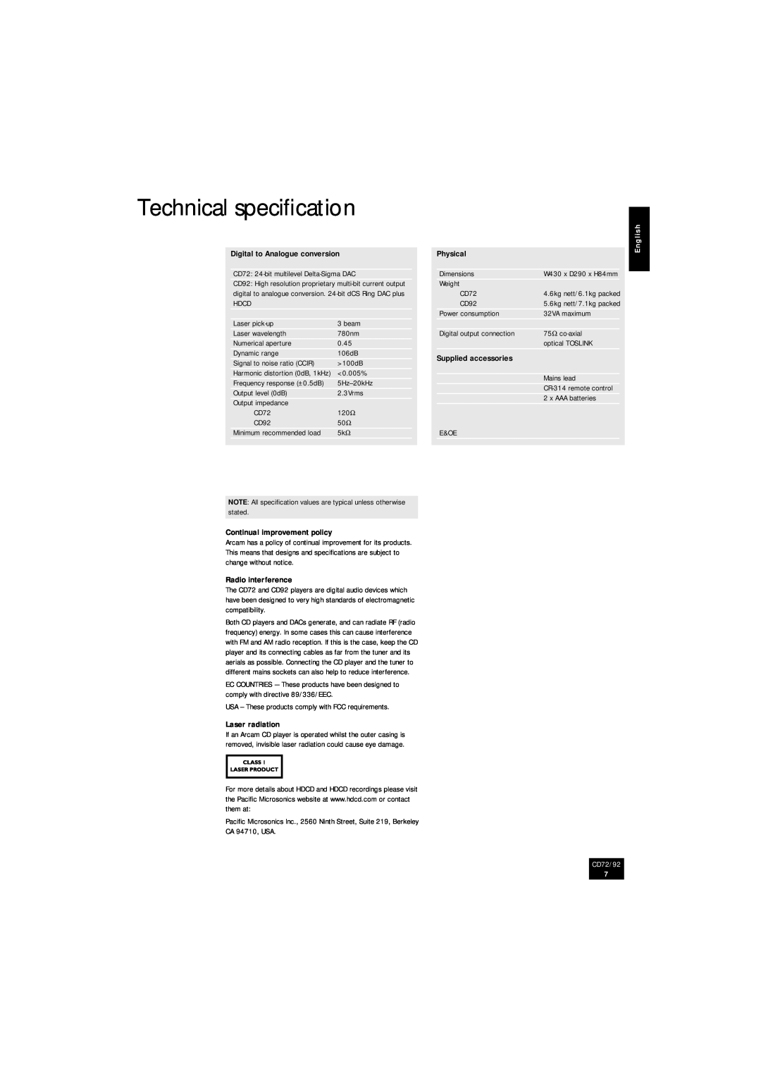 Arcam CD72 Technical speciﬁcation, Digital to Analogue conversion, Physical, Supplied accessories, Radio interference 