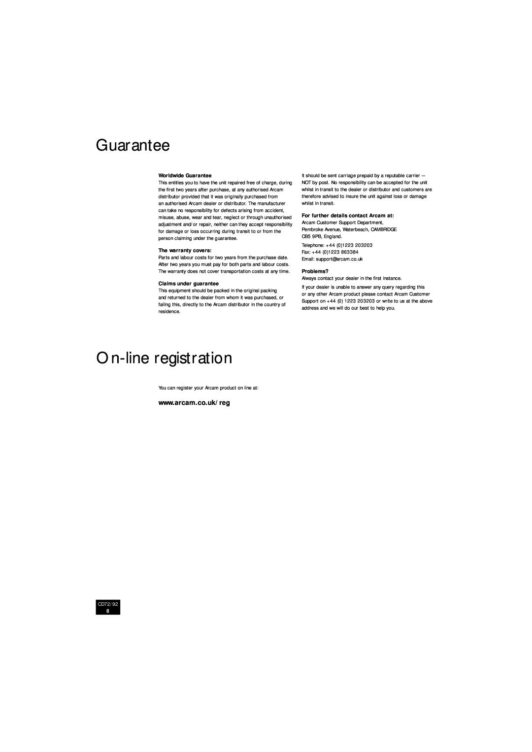 Arcam CD92 manual Guarantee, On-lineregistration, CD72/92 