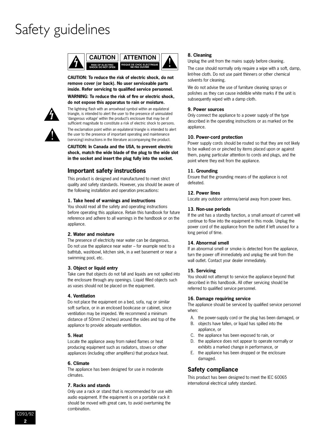 Arcam CD93/92 manual Safety guidelines, Important safety instructions, Safety compliance 