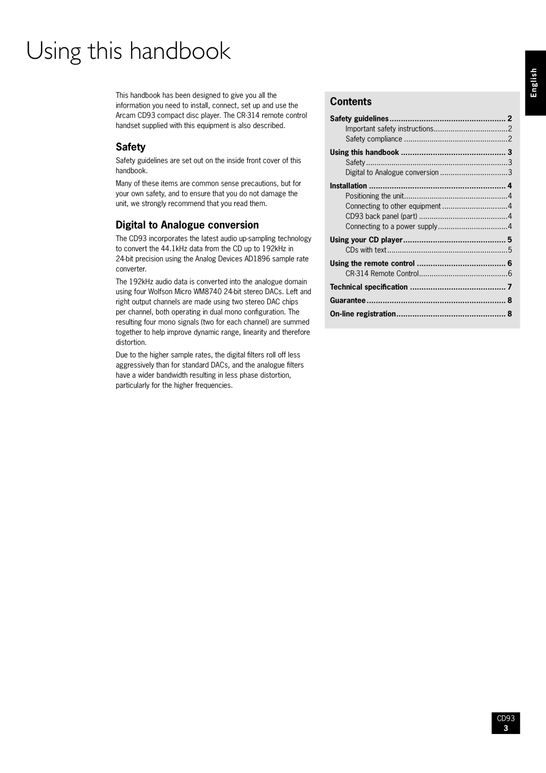 Arcam CD93/92 manual Using this handbook, Safety, Digital to Analogue conversion, Contents 