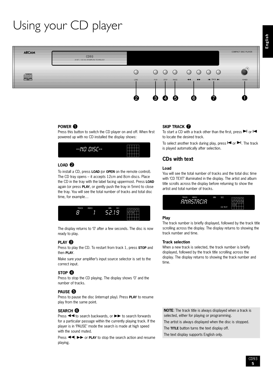 Arcam CD93/92 manual Using your CD player, CDs with text 