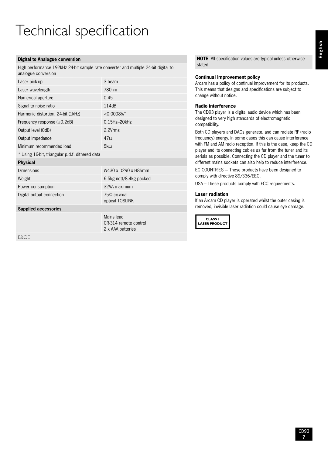 Arcam CD93/92 manual Technical specification 