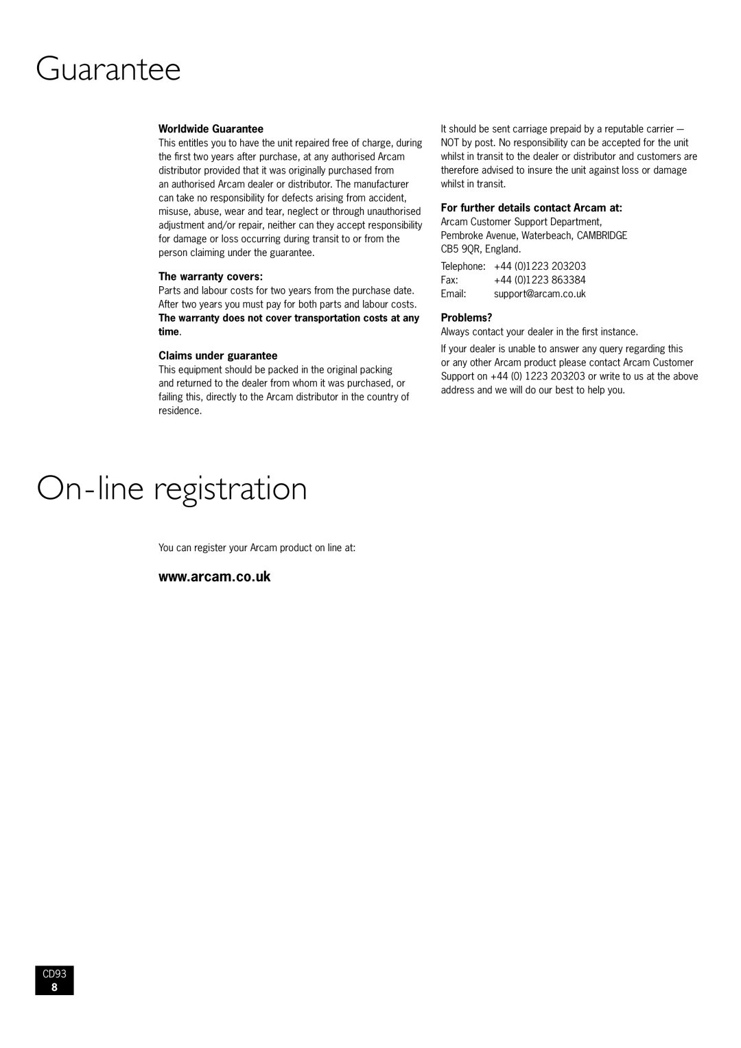 Arcam CD93/92 manual Guarantee, On-line registration 