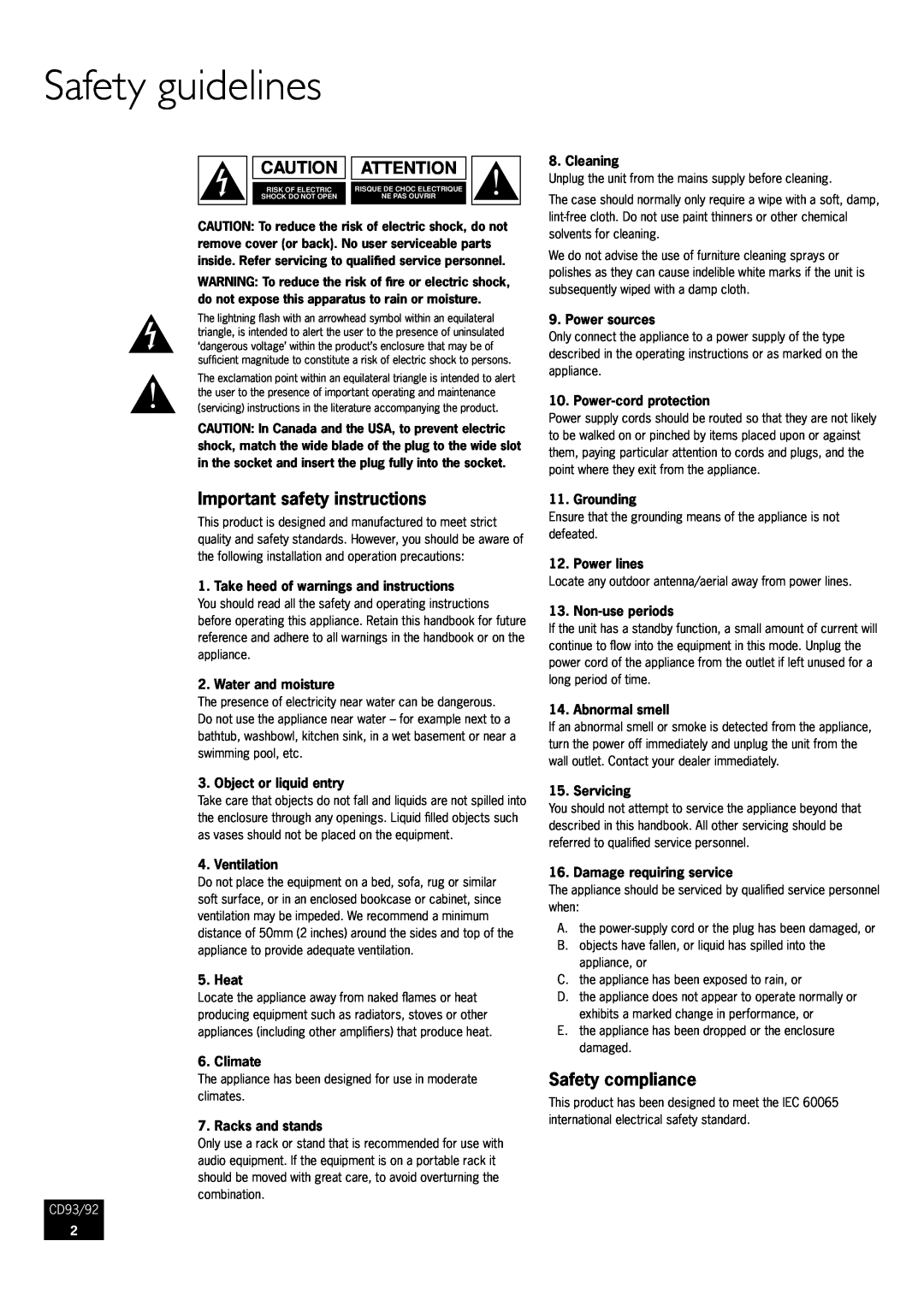 Arcam manual Safety guidelines, Important safety instructions, Safety compliance, CD93/92 