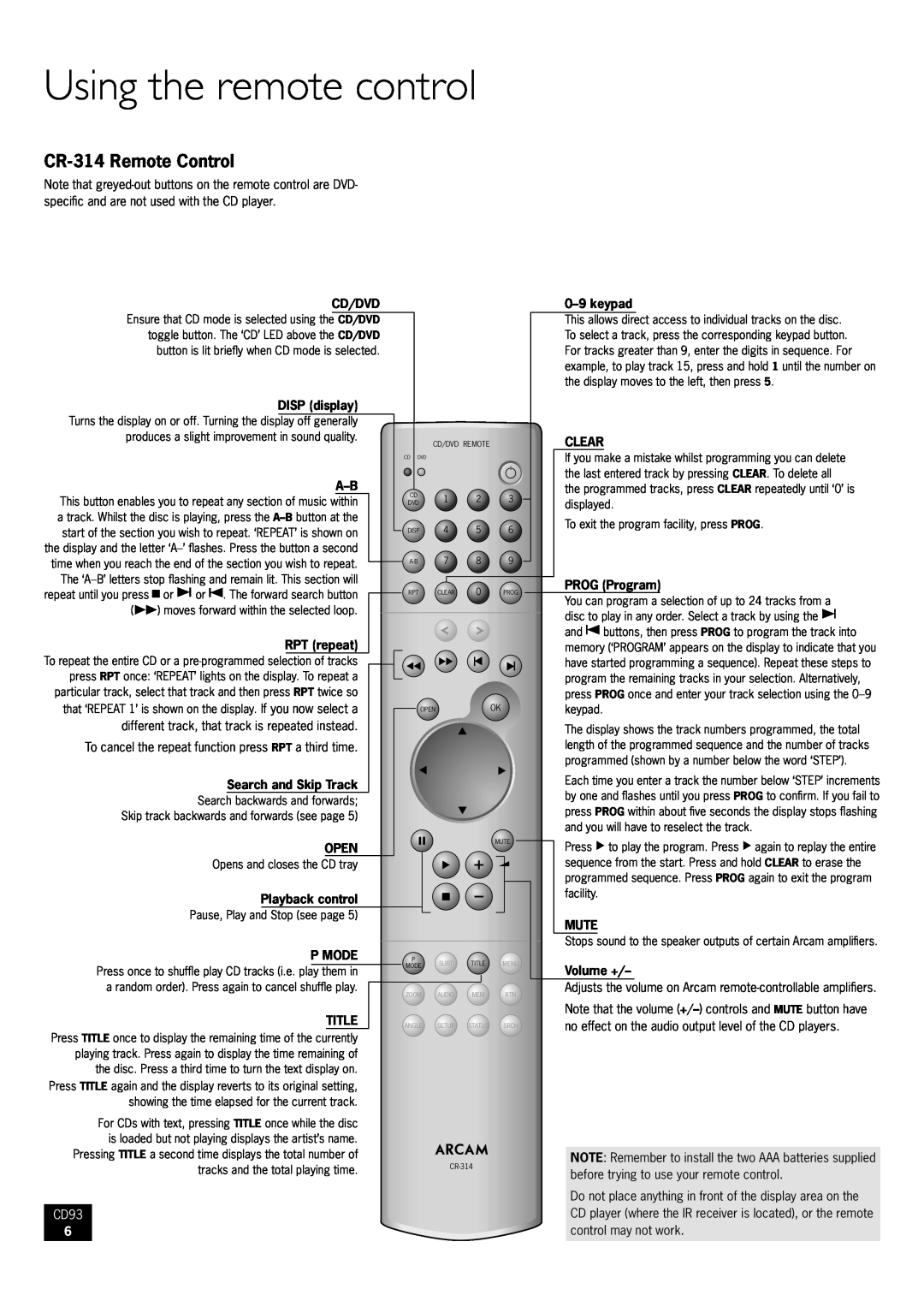 Arcam CD93/92 manual Using the remote control, CR-314Remote Control 