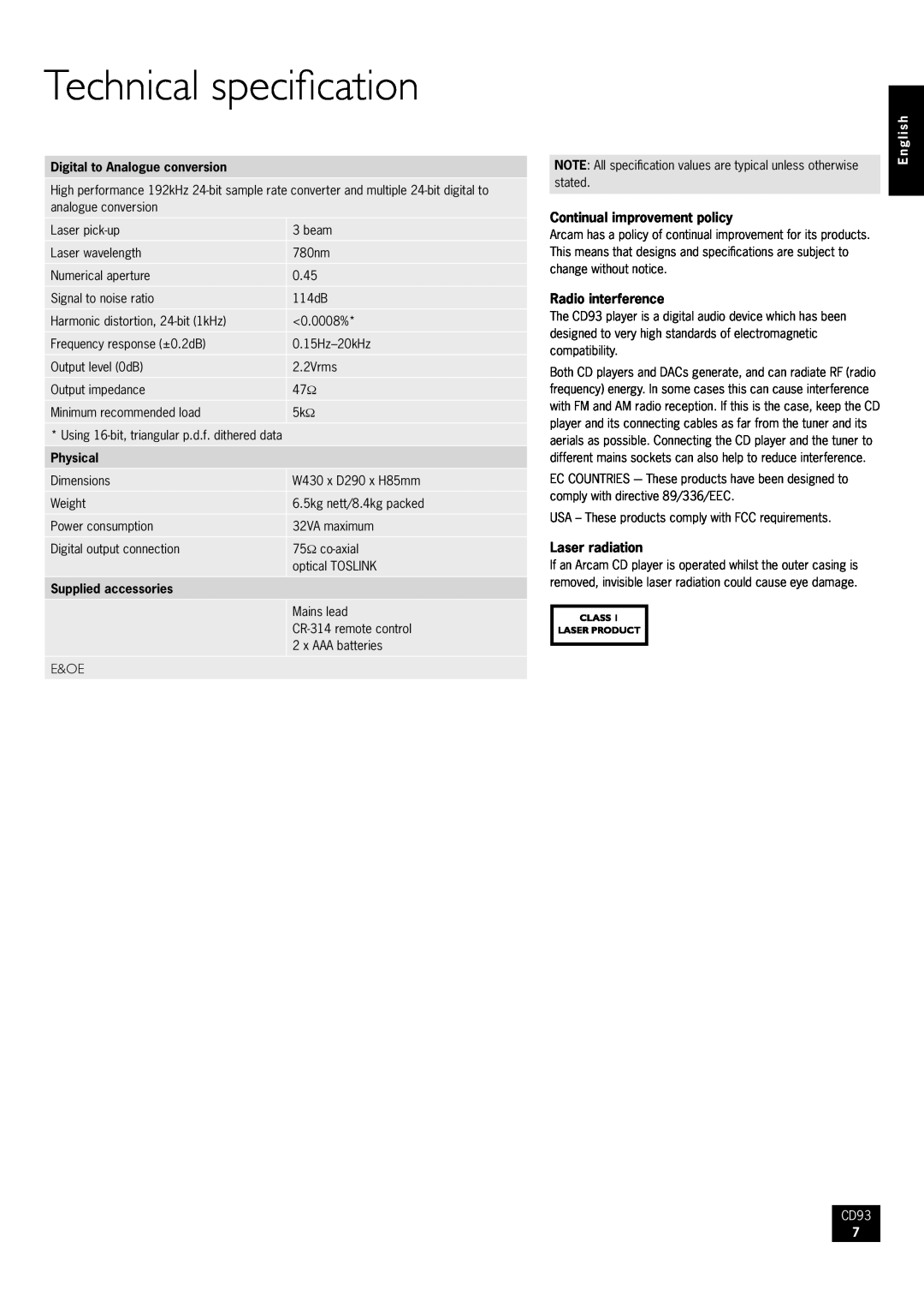 Arcam CD93/92 manual Technical specification, E&Oe, English 