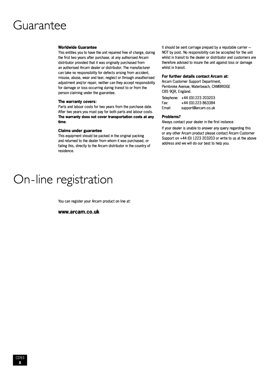 Arcam CD93/92 manual Guarantee, On-lineregistration 