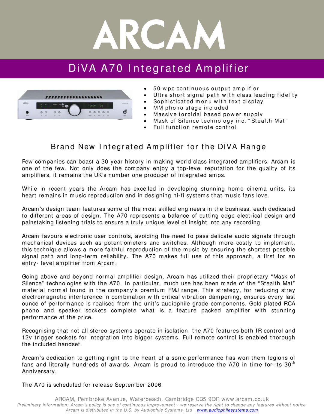 Arcam manual 23425, DiVA A70 Integrated Amplifier, Brand New Integrated Amplifier for the DiVA Range 