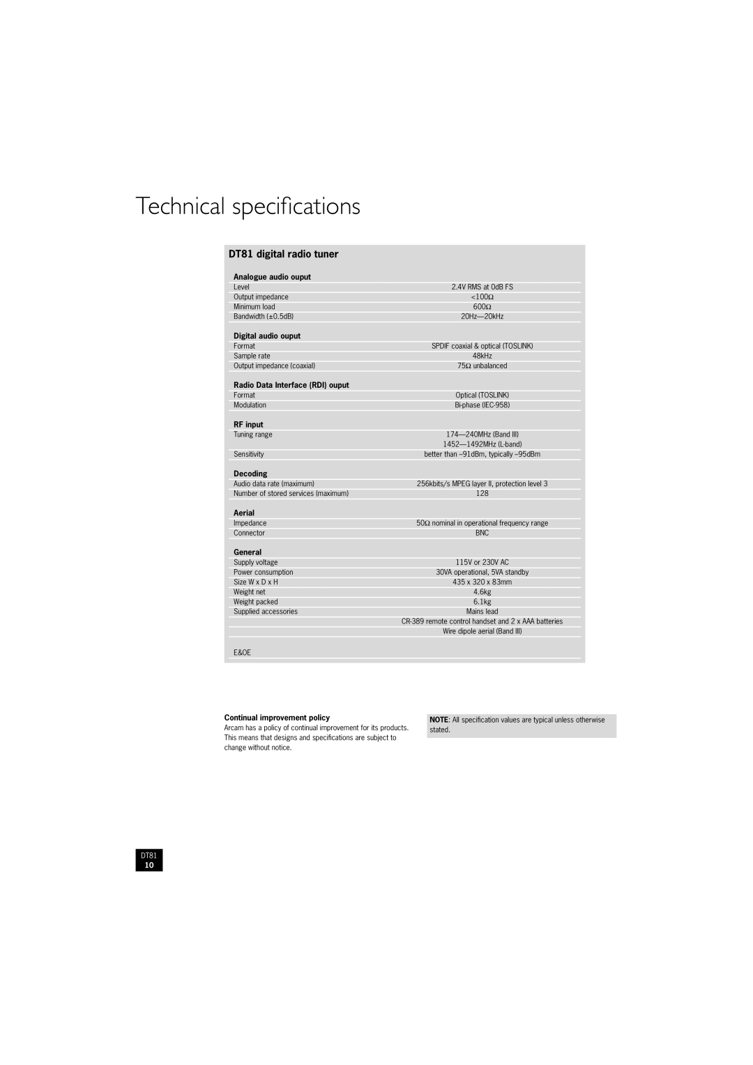 Arcam manual Technical speciﬁcations, DT81 digital radio tuner 