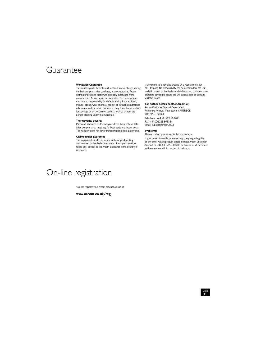 Arcam DT81 manual Guarantee, On-line registration 