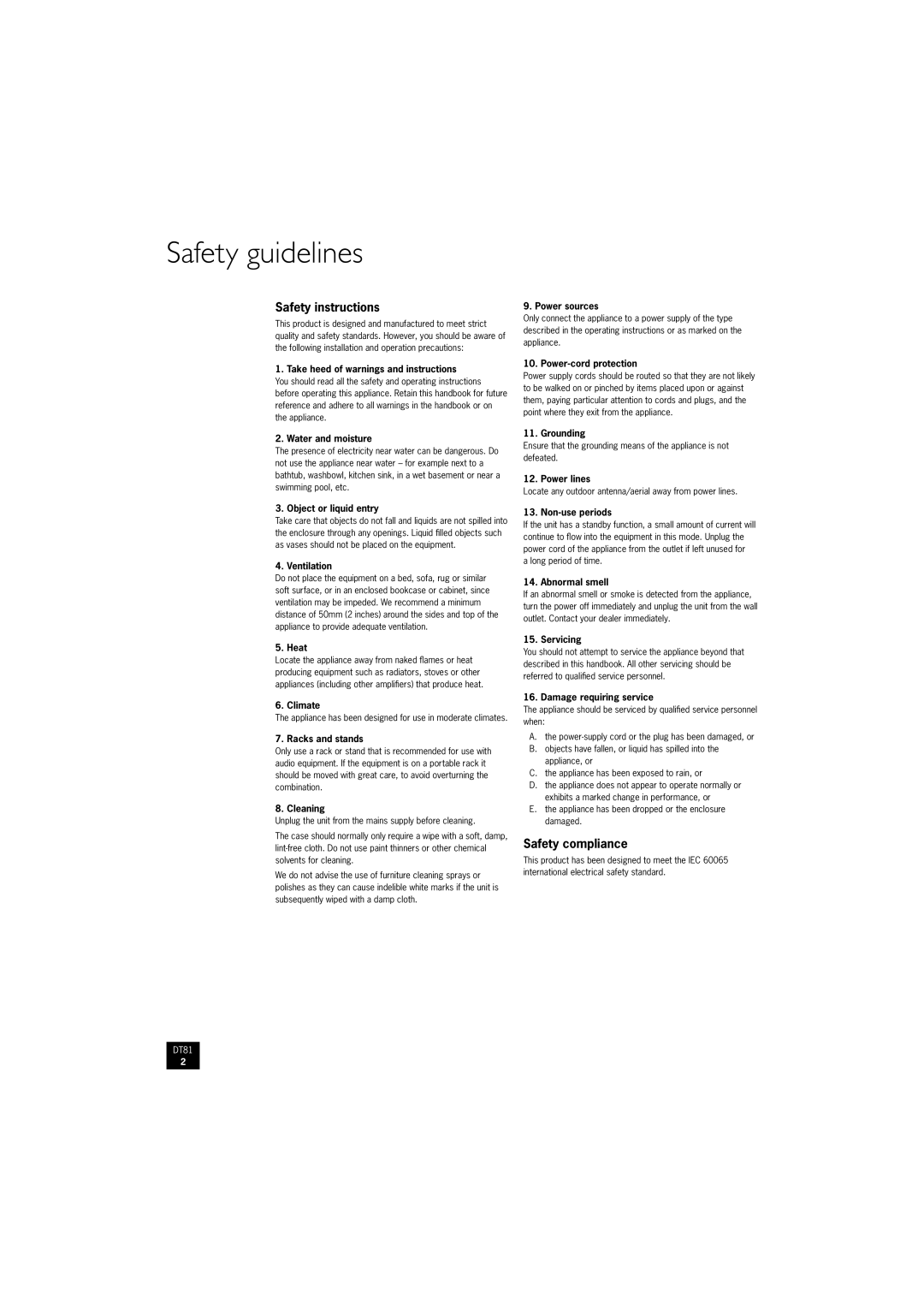 Arcam DT81 manual Safety guidelines, Safety instructions, Safety compliance 