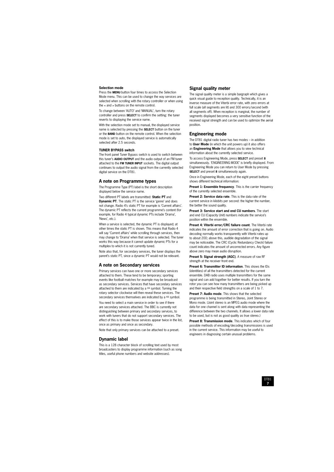 Arcam DT81 manual Dynamic label, Signal quality meter, Engineering mode 