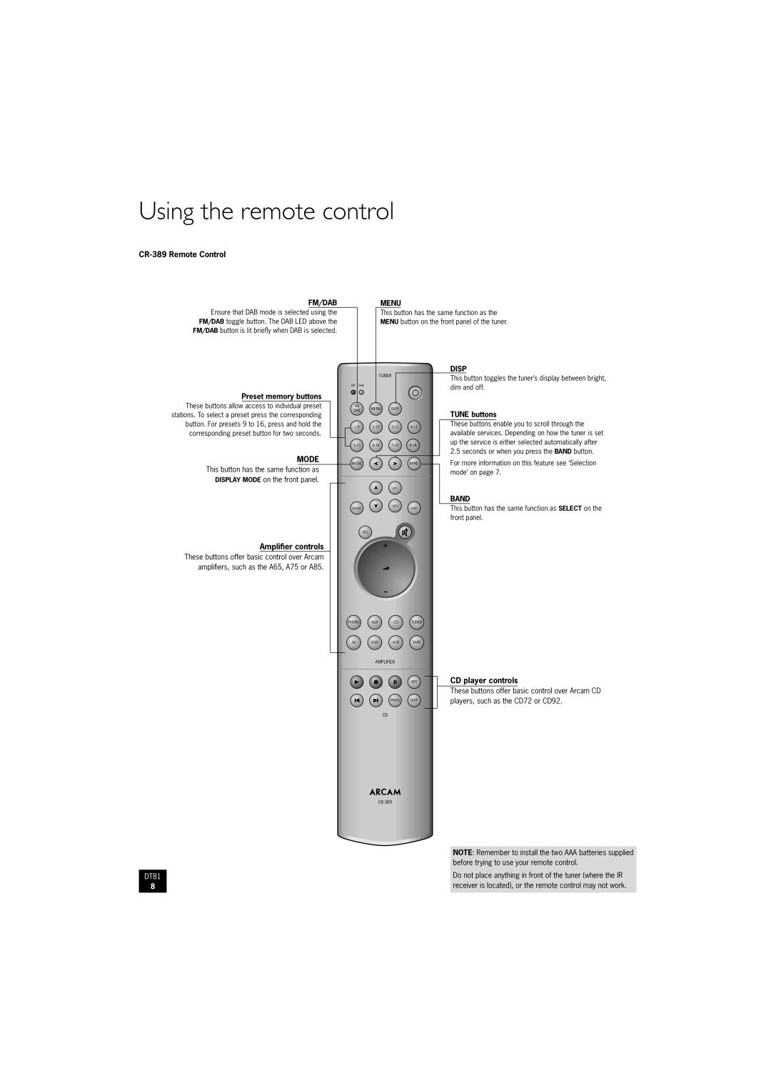 Arcam DT81 manual Using the remote control 