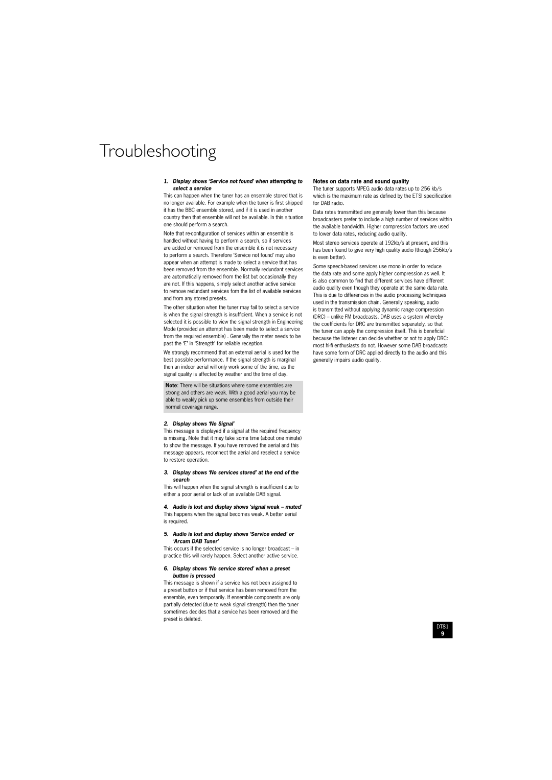 Arcam DT81 manual Troubleshooting, Display shows ‘No Signal’ 