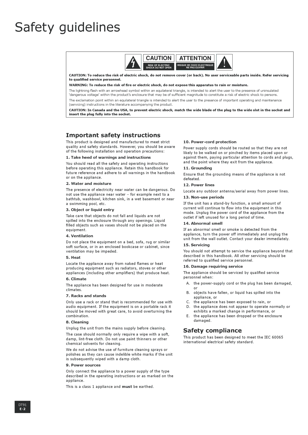 Arcam DT91 manual Safety guidelines, Important safety instructions, Safety compliance 