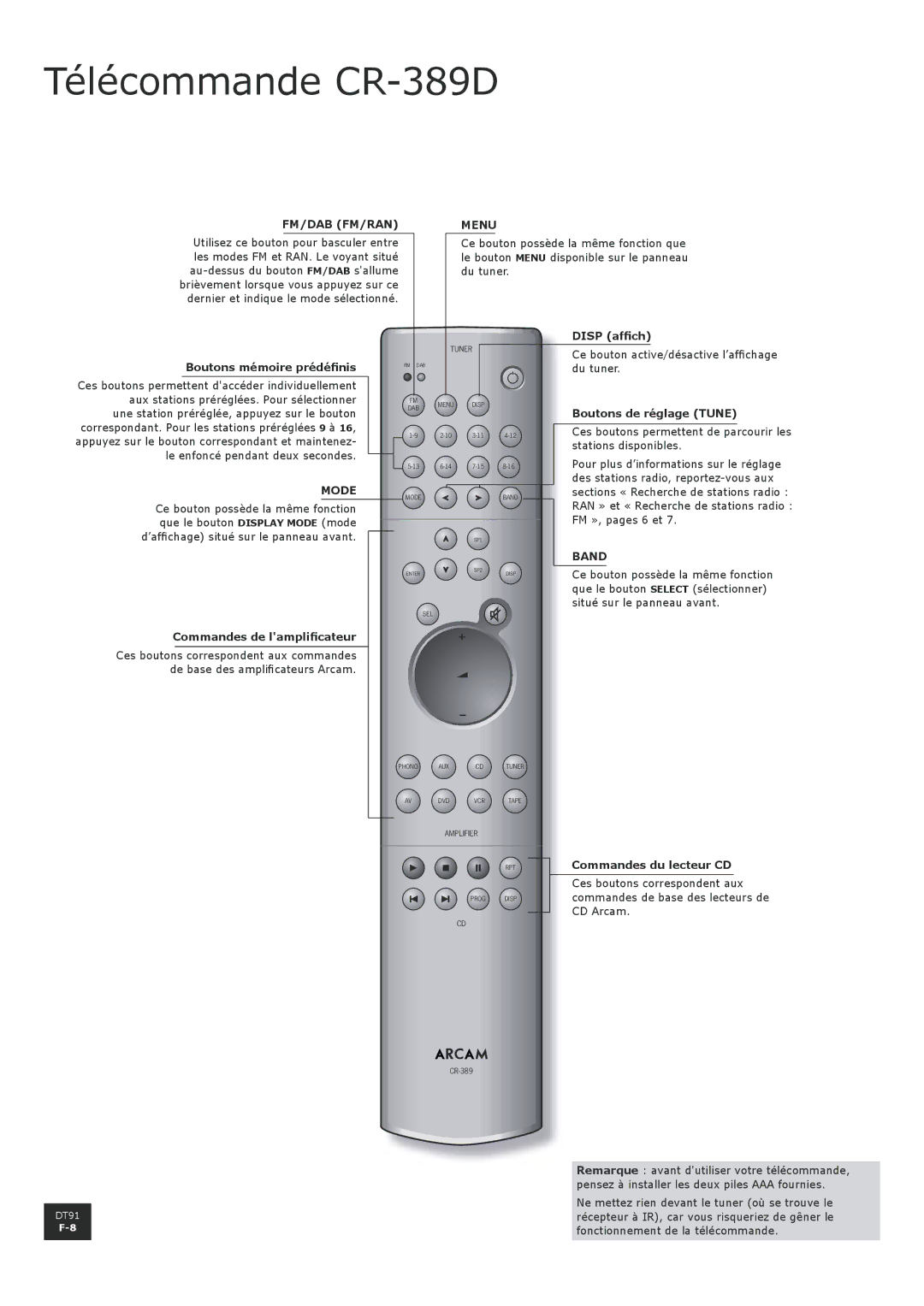 Arcam DT91 manual Télécommande CR-389D 