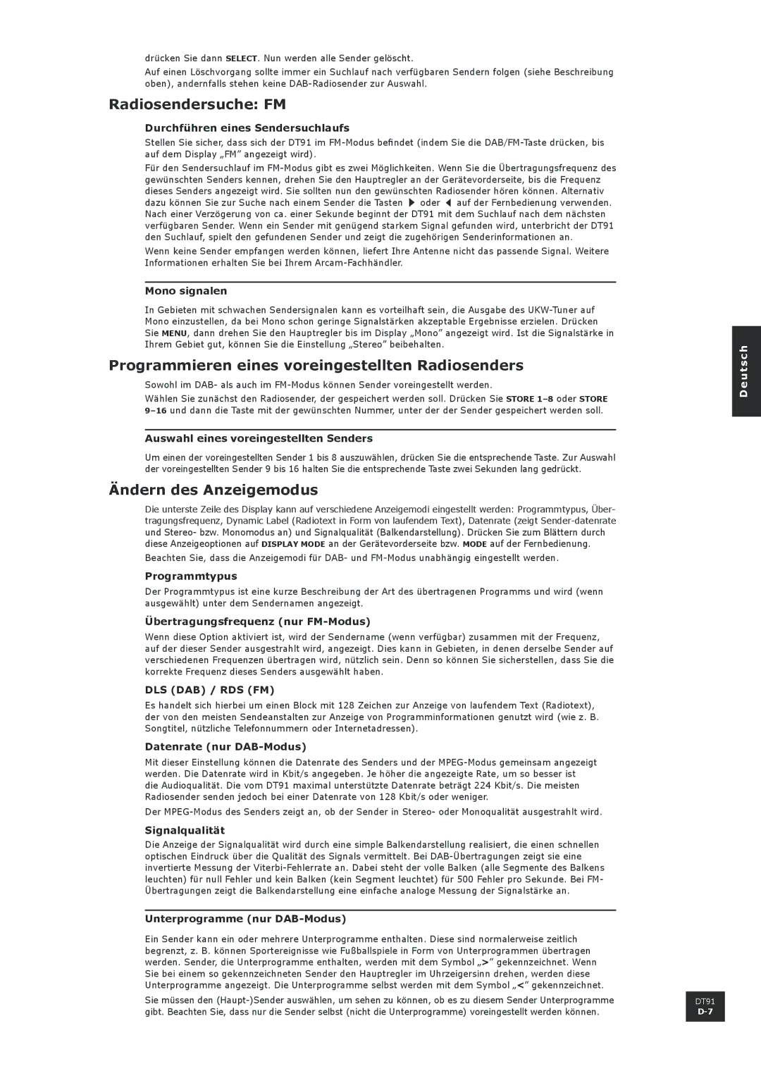 Arcam DT91 manual Radiosendersuche FM, Programmieren eines voreingestellten Radiosenders, Ändern des Anzeigemodus 