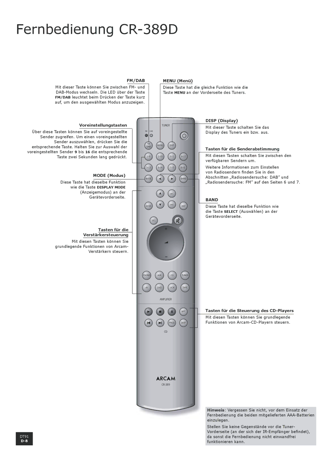 Arcam DT91 manual Fernbedienung CR-389D 