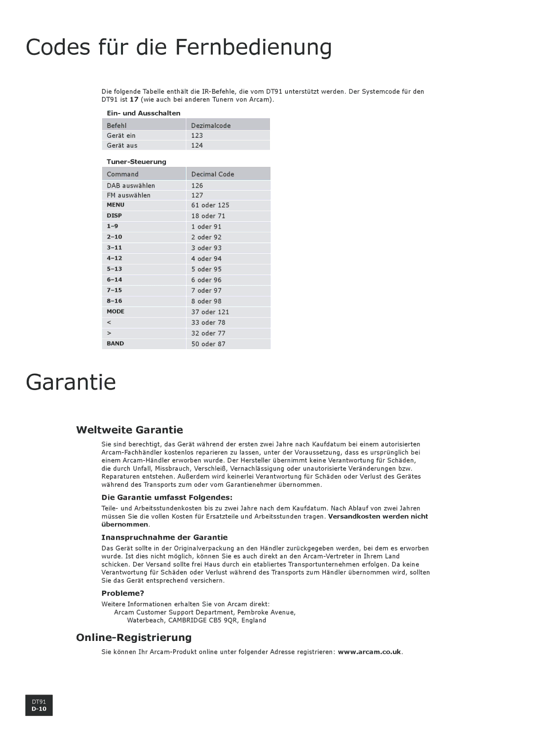 Arcam DT91 manual Codes für die Fernbedienung, Weltweite Garantie, Online-Registrierung 