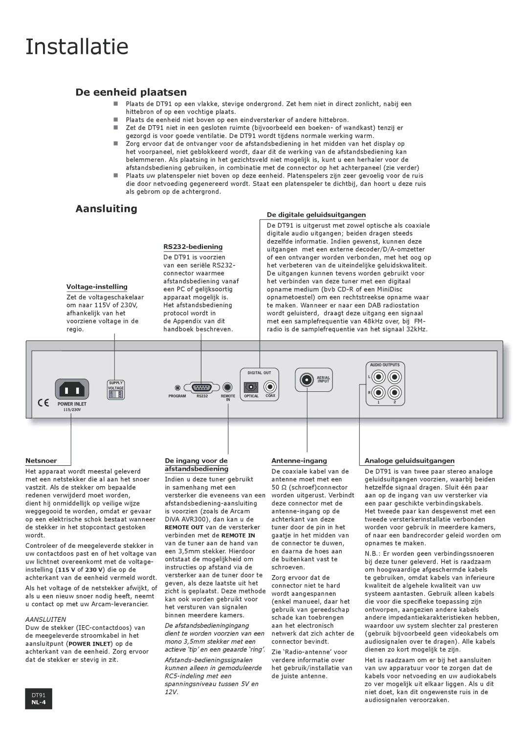 Arcam DT91 manual Installatie, De eenheid plaatsen, Aansluiting 