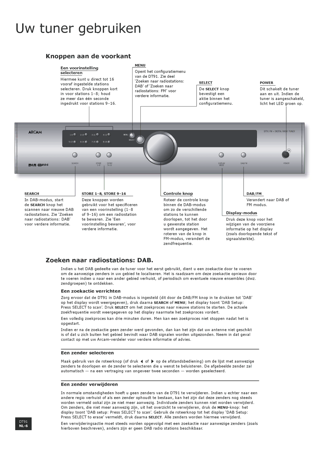 Arcam DT91 manual Uw tuner gebruiken, Knoppen aan de voorkant, Zoeken naar radiostations DAB 