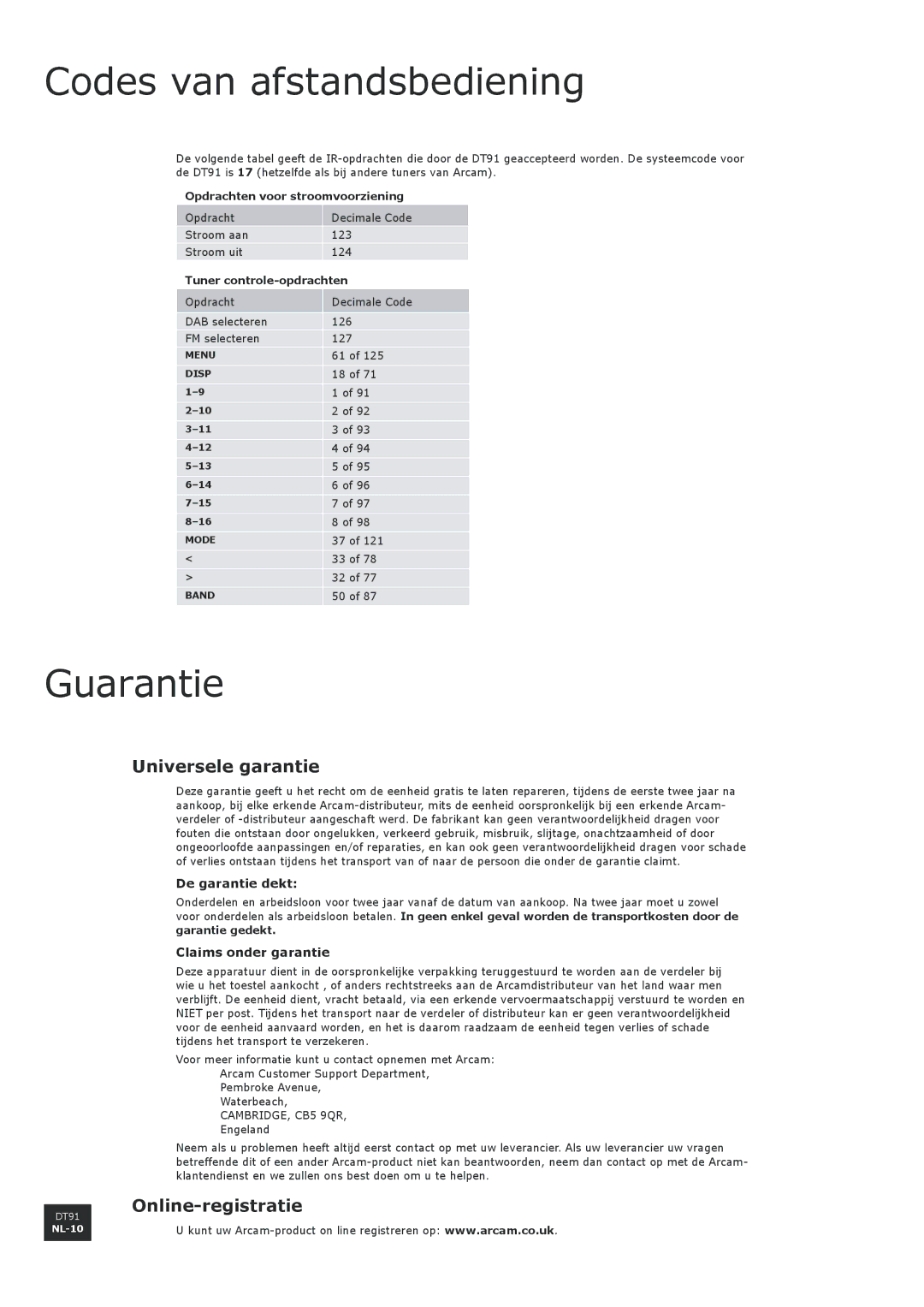 Arcam DT91 manual Codes van afstandsbediening, Guarantie, Universele garantie, Online-registratie 