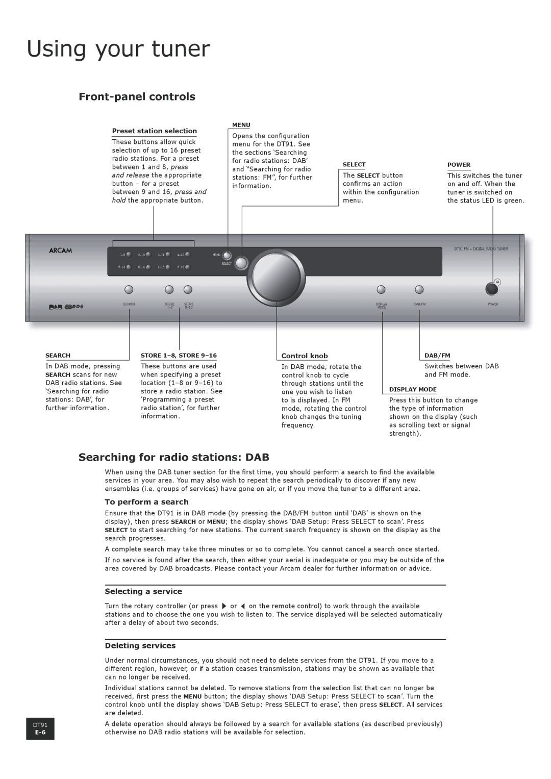 Arcam DT91 manual Using your tuner, Front-panel controls, Searching for radio stations DAB, Preset station selection 