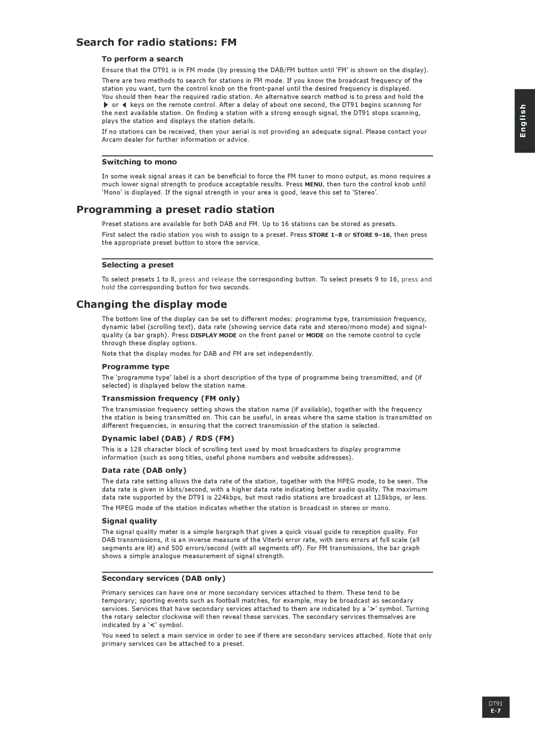 Arcam DT91 manual Search for radio stations FM, Programming a preset radio station, Changing the display mode 