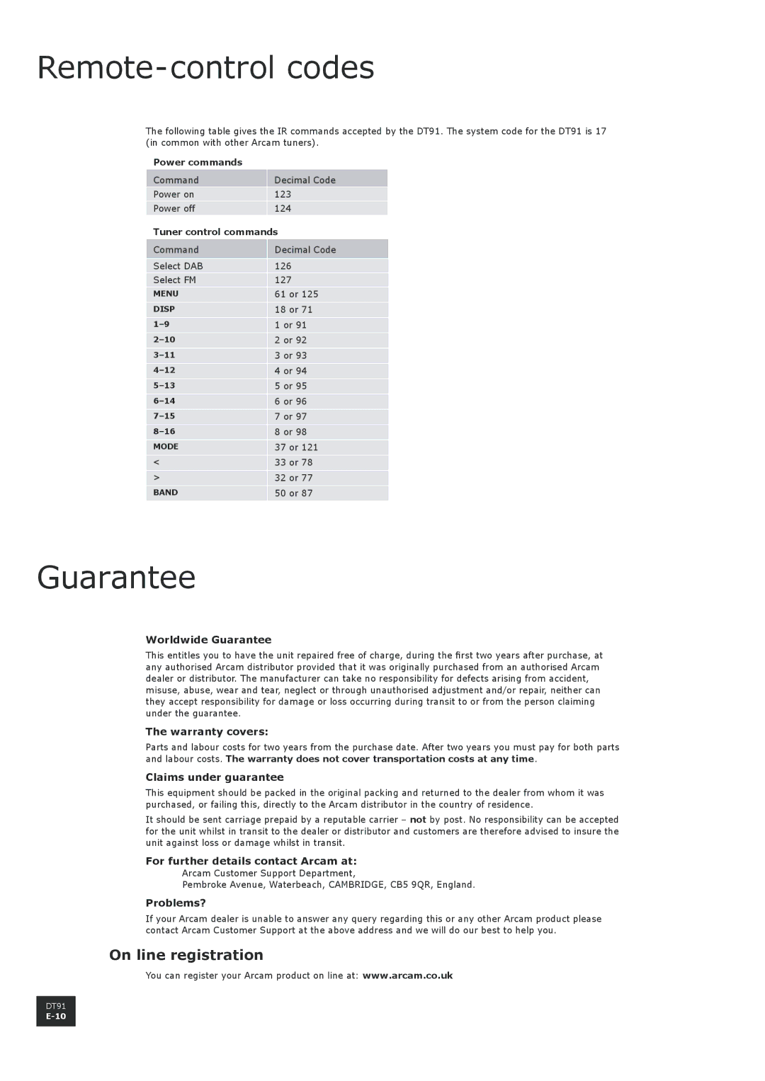 Arcam DT91 manual Remote-control codes, Guarantee, On line registration 