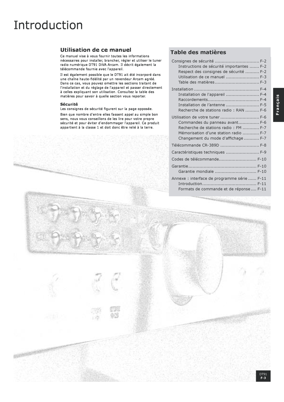 Arcam DT91 manual Introduction, Utilisation de ce manuel, Table des matières, Sécurité, Français 