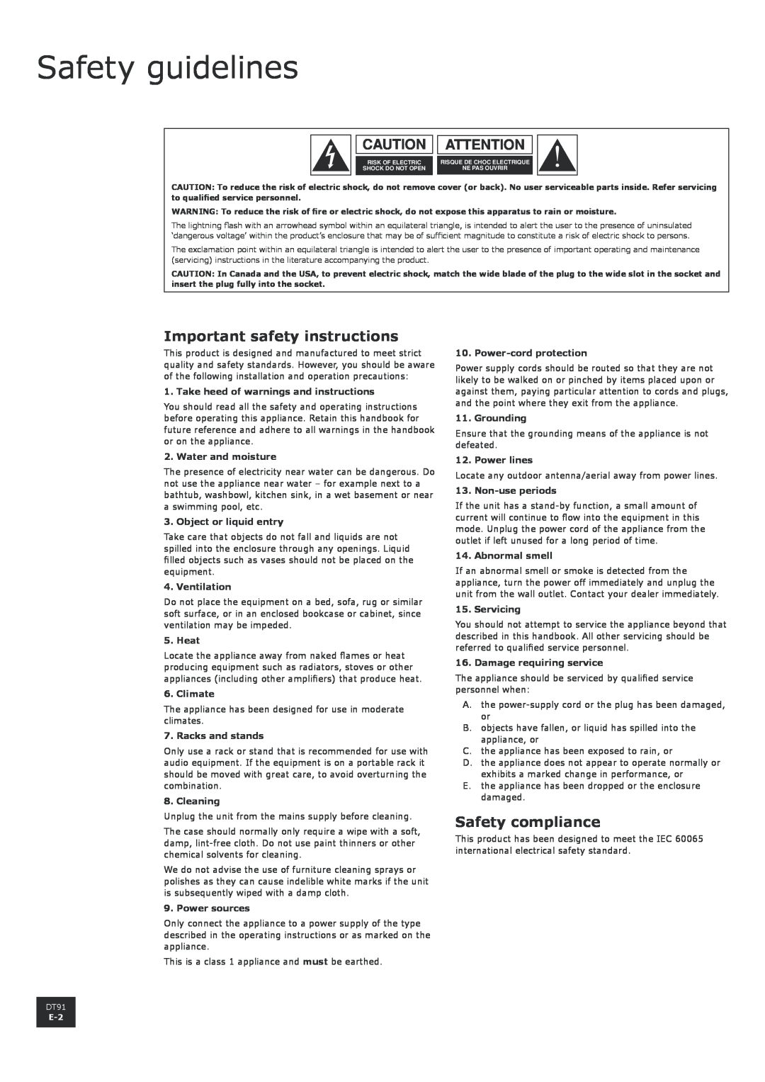 Arcam DT91 Safety guidelines, Caution Attention, Important safety instructions, Safety compliance, Water and moisture 