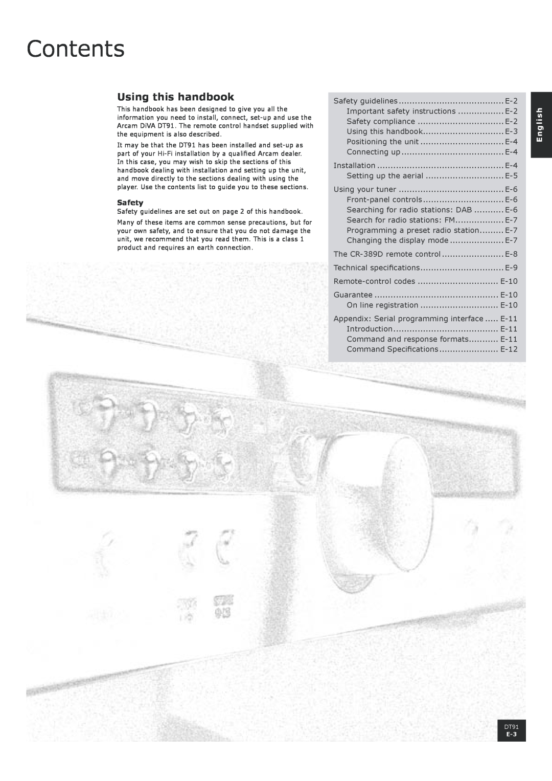 Arcam DT91 manual Contents, Using this handbook, Safety, English 
